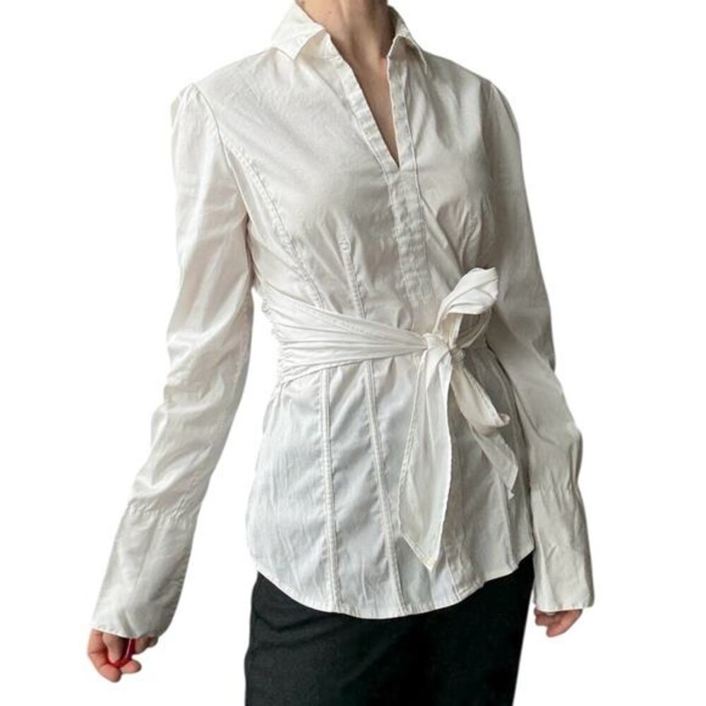 White House Black Market White‎ Long Sleeve Tie Front Blouse vintage y2k